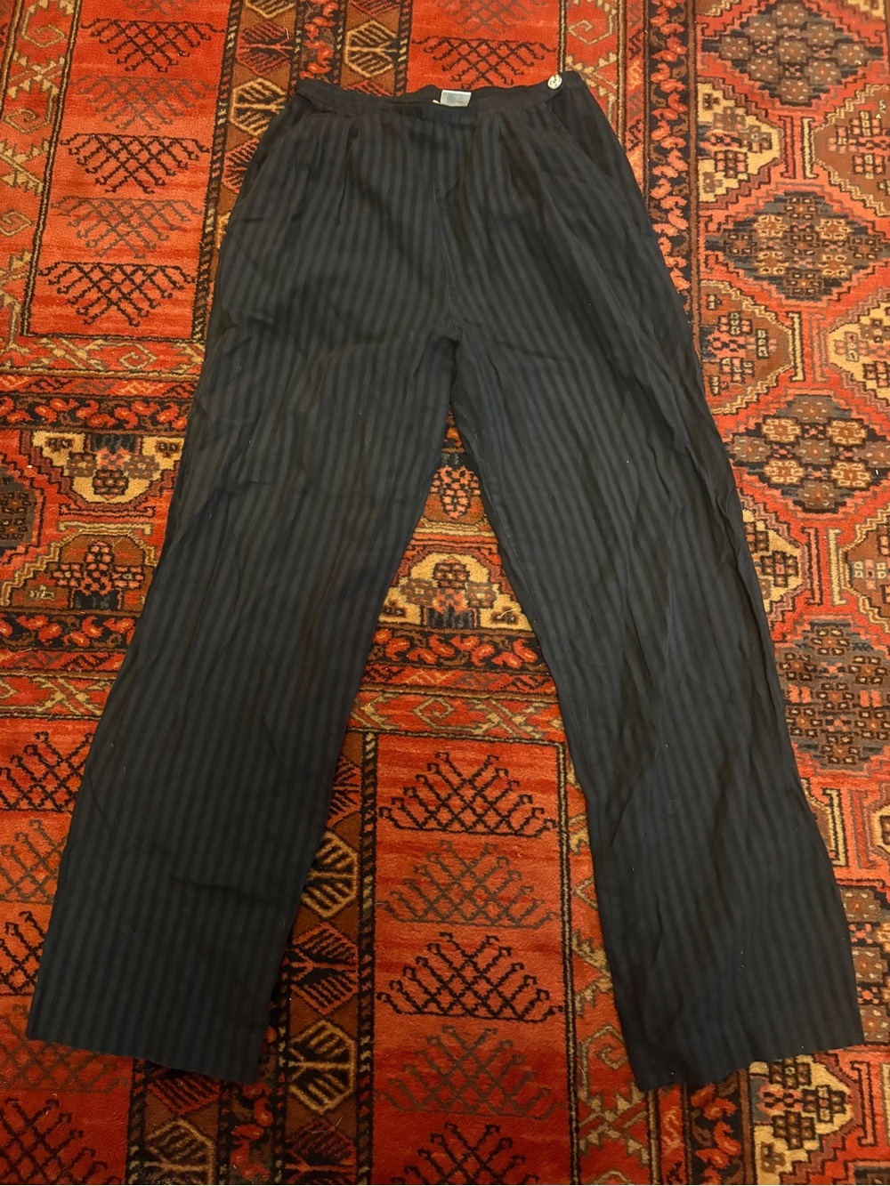 TravelSmith Black Pinstriped Casual Wide-Leg Trousers